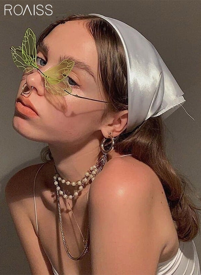 رويس نظارات شمسية نسائية بدون إطار على شكل يعسوب على شكل جناح فراشة جنية نظارات شمسية أنيقة للحفلات حماية من الأشعة فوق البنفسجية 400 نظارات كلاسيكية غير منتظمة للسيدات للحفلات والتصوير في الشارع باللونين الأخضر والأصفر  - Image 2
