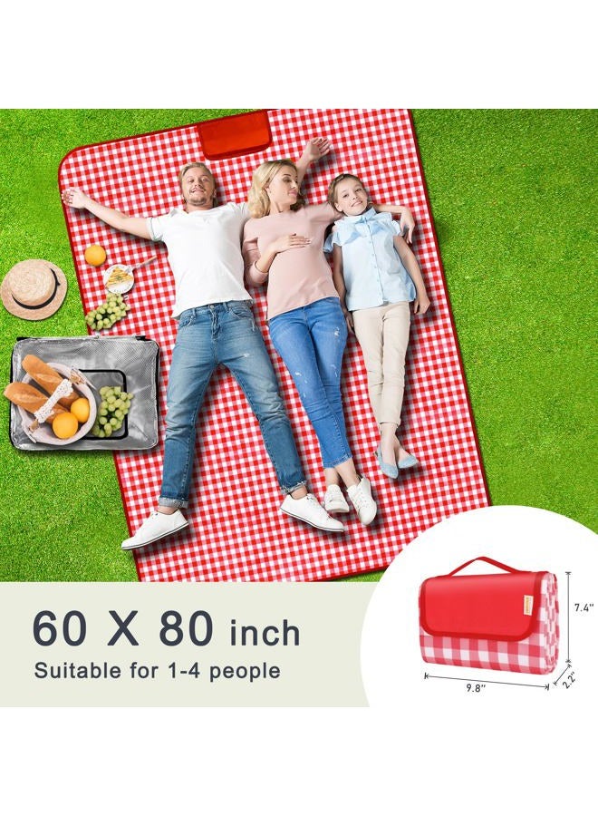 SAMSIER Picnic Blankets Waterproof Foldable with Pillow, Beach Blanket Waterproof Sandproof, Large Outdoor Blanket for Grass, Picnic Mat Cute Washable Portable 60"×80" (Red - 2 Layers，1 Pack) - Image 2