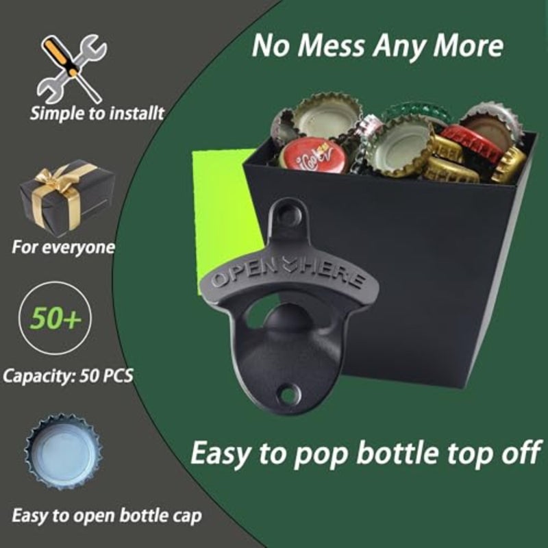 Bottle Opener Wall Mounted Beer Opener with Cap Catcher Bucket Stainless Mountable for Post Table - Image 2