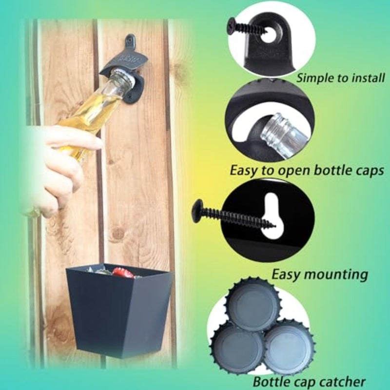 Bottle Opener Wall Mounted Beer Opener with Cap Catcher Bucket Stainless Mountable for Post Table - Image 3