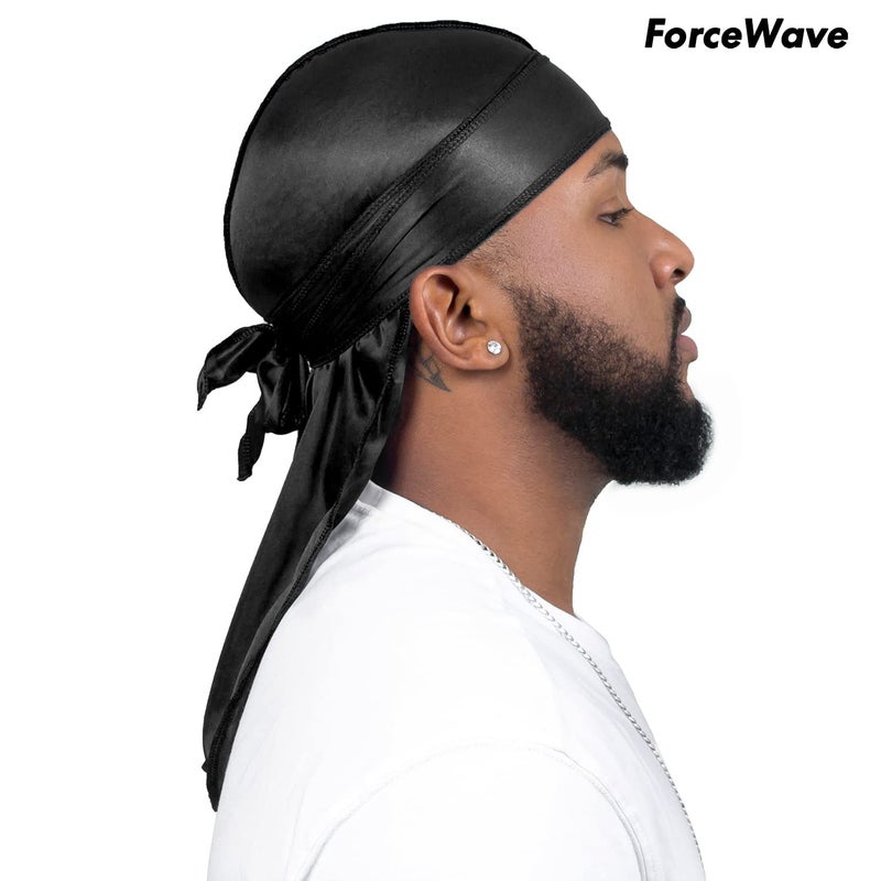ForceWave 4PCS Silky Durags for Men Women 360 Waves with 1 Wave Cap, Silky Satin Durag Extra Long Tails Black Black Black Black - Image 2