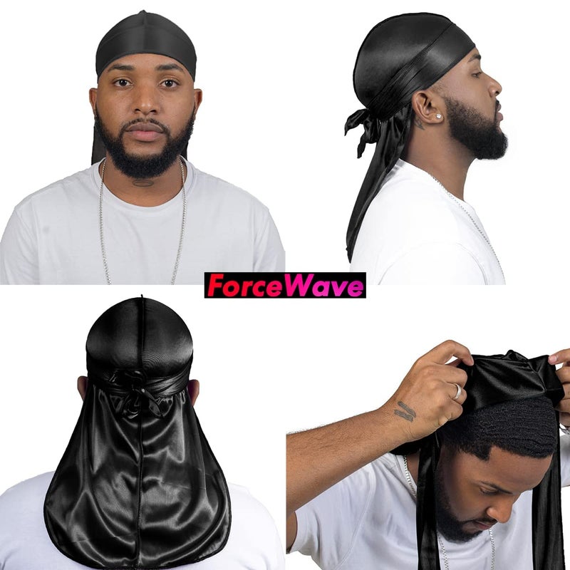ForceWave 4PCS Silky Durags for Men Women 360 Waves with 1 Wave Cap, Silky Satin Durag Extra Long Tails Black Black Black Black - Image 4