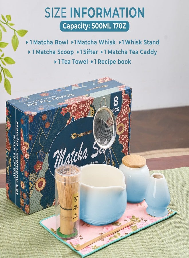 طقم مضرب ماتشا - 8 قطع، طقم ماتشا سيراميكي مدعوم، يتضمن وعاء ماتشا (530 مل)، مضرب ماتشا وحامل، علبة شاي ماتشا، مغرفة من الخيزران، مصفاة ومنشفة شاي، طقم ماتشا لمحبي الماتشا (أزرق) - Image 4