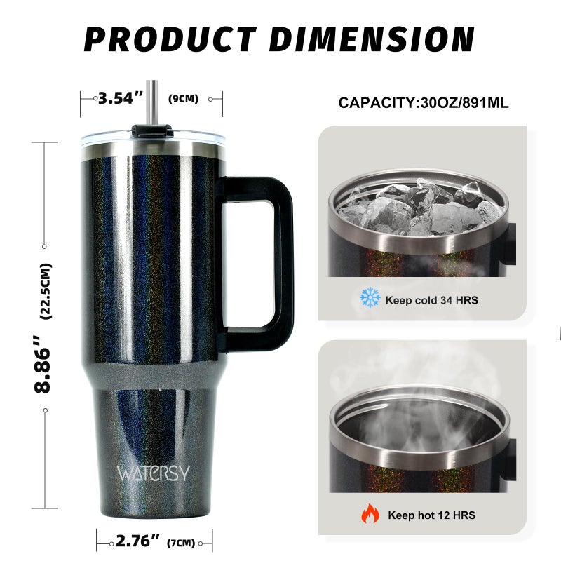 WATERSY 30 oz Shiny Tumbler with Handle and Straw,Stainless Steel Tumbler with Lid and Straw,Insulated Travel Mug(Cold for 34 Hours),Water Bottle for Iced Tea,Coffee (Black) - Image 2