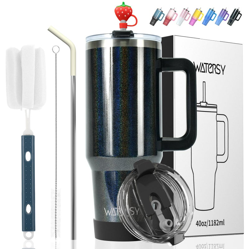 WATERSY 30 oz Shiny Tumbler with Handle and Straw,Stainless Steel Tumbler with Lid and Straw,Insulated Travel Mug(Cold for 34 Hours),Water Bottle for Iced Tea,Coffee (Black) - Image 1