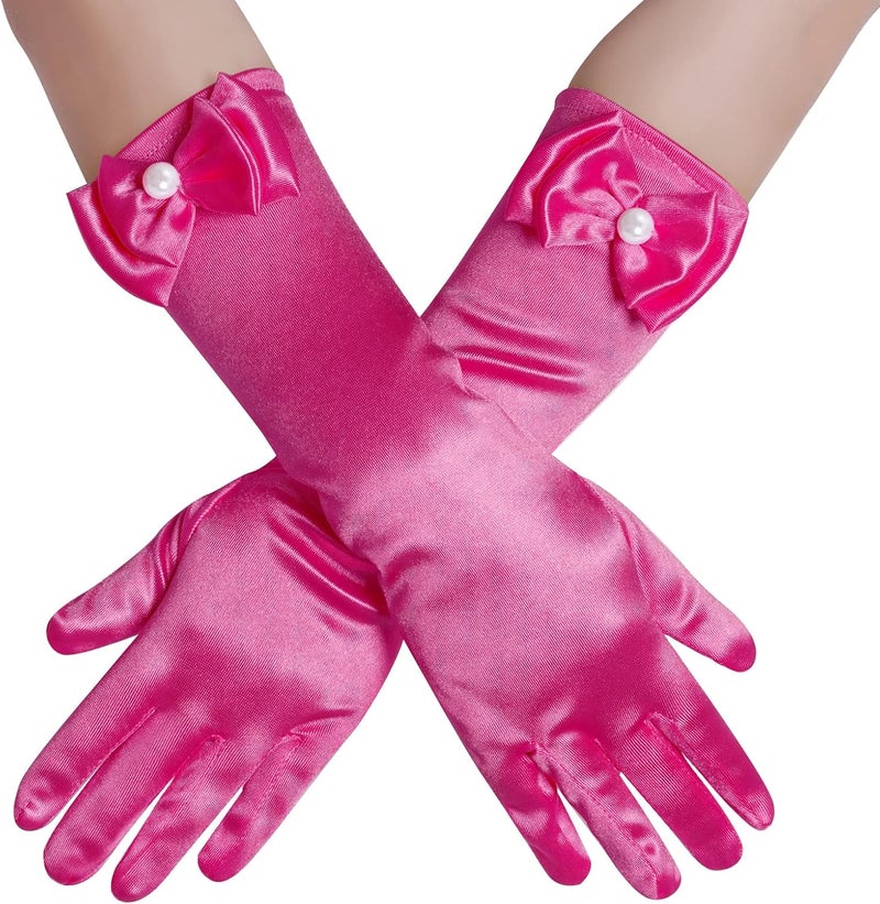 Yolyoo Girls Princess Gloves,Girl White Long Satin Princess Dress Up Diamonds Bows Gloves for Birthday,Wedding, Costume Party - Image 1