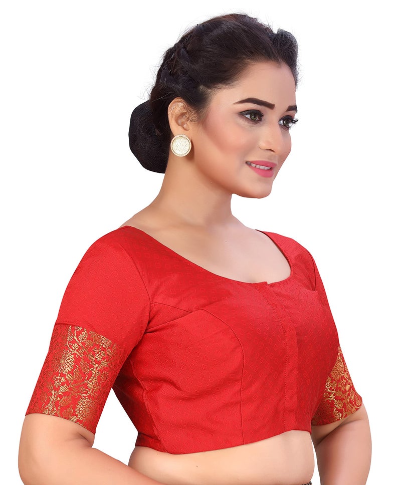 Studio Shringaar Women's Readymade Brocade Saree Blouse with Kanjivaram Border Elbow Length Sleeves(Red, 46) - Image 2