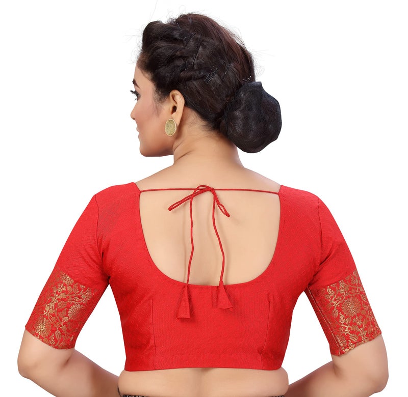 Studio Shringaar Women's Readymade Brocade Saree Blouse with Kanjivaram Border Elbow Length Sleeves(Red, 46) - Image 3