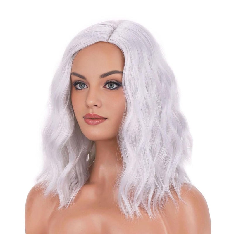 BERON Silver Wig Short Curly Wig Silver White Wigs Women Beach Wave Wigs for Cosplay Costume Party Hairnet Included - Image 3