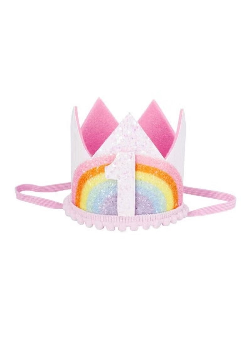 Unewshi Rainbow Crown Hat Pink Birthday Party Crown Headband Glitter Crown for Baby Girl’s First Birthday, Cute Mini Hat  - Image 1