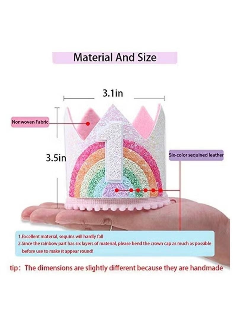 Unewshi Rainbow Crown Hat Pink Birthday Party Crown Headband Glitter Crown for Baby Girl’s First Birthday, Cute Mini Hat  - Image 2