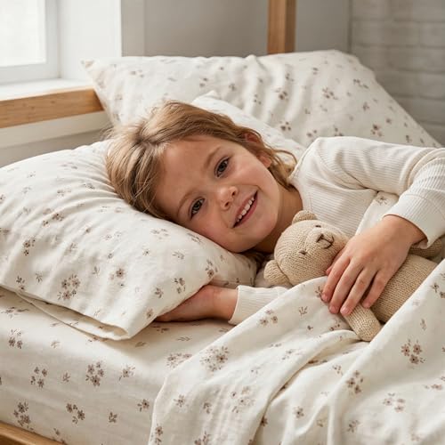 MakeMake Organics Organic Queen Sheet Set GOTS Certified Organic Cotton Sheets Queen Bed Fitted Sheet Flat Sheet Pillowcases Set - Ultra Soft Non Toxic Breathable Ditsy Flowers Peach (Queen, Bloom) - Image 2