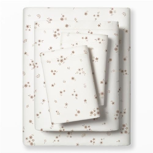 MakeMake Organics Organic Queen Sheet Set GOTS Certified Organic Cotton Sheets Queen Bed Fitted Sheet Flat Sheet Pillowcases Set - Ultra Soft Non Toxic Breathable Ditsy Flowers Peach (Queen, Bloom) - Image 1