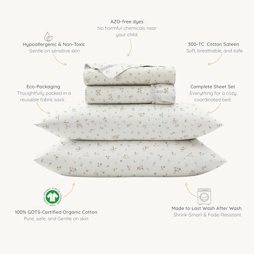 MakeMake Organics Organic Queen Sheet Set GOTS Certified Organic Cotton Sheets Queen Bed Fitted Sheet Flat Sheet Pillowcases Set - Ultra Soft Non Toxic Breathable Ditsy Flowers Peach (Queen, Bloom) - Image 3