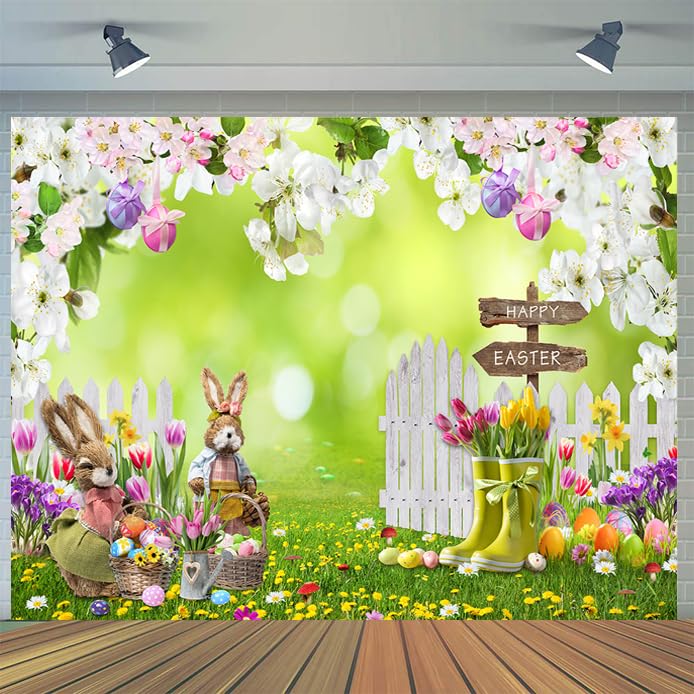 CYLYH 7x5FT Easter Backdrop Spring Flowers Grass Backdrop Colored Egg Rabbit Backdrop for Easter Party Decoration Baby Shower - Image 1
