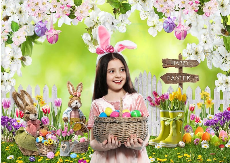 CYLYH 7x5FT Easter Backdrop Spring Flowers Grass Backdrop Colored Egg Rabbit Backdrop for Easter Party Decoration Baby Shower - Image 3