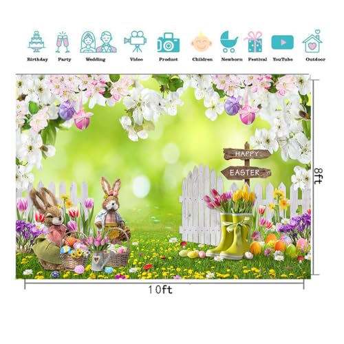 CYLYH 7x5FT Easter Backdrop Spring Flowers Grass Backdrop Colored Egg Rabbit Backdrop for Easter Party Decoration Baby Shower - Image 5