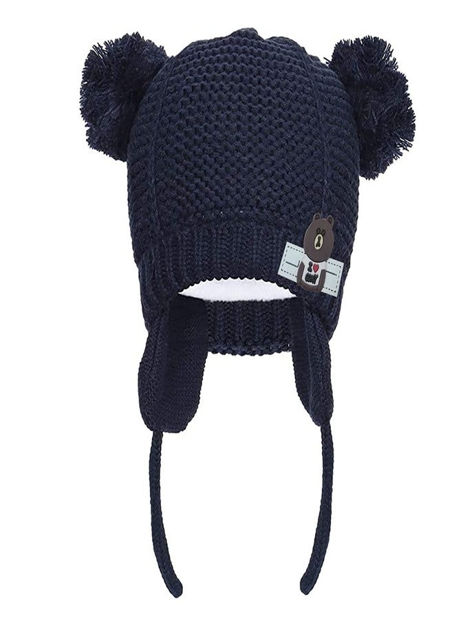 Zeki Baby Boys & Girls Pom Pom Earflap Beanie Cap (Black,2-4 Years) - Image 1