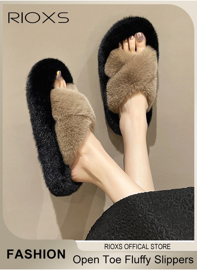 RIOXS Women's Fluffy Slippers, Stylish Cross Band Fluffy Slippers For Women, Soft Cozy Open-toe House Slippers, Furry Warm Comfy Slip-ons For Indoor Outdoor Wear, Anti-Slide Slippers  - Image 1