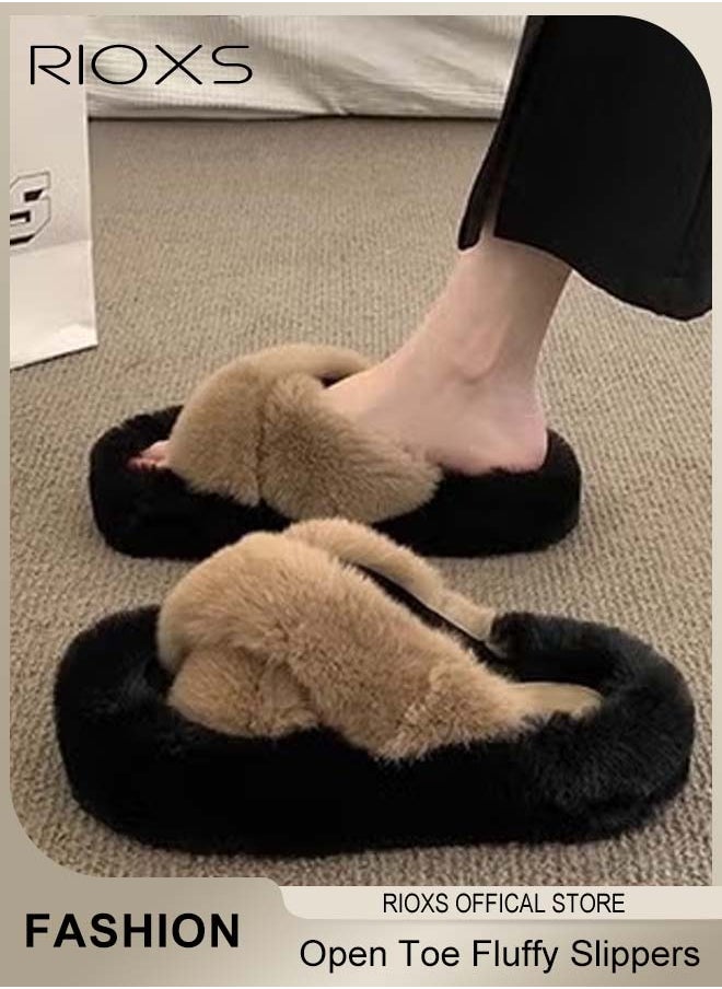 RIOXS Women's Fluffy Slippers, Stylish Cross Band Fluffy Slippers For Women, Soft Cozy Open-toe House Slippers, Furry Warm Comfy Slip-ons For Indoor Outdoor Wear, Anti-Slide Slippers  - Image 2