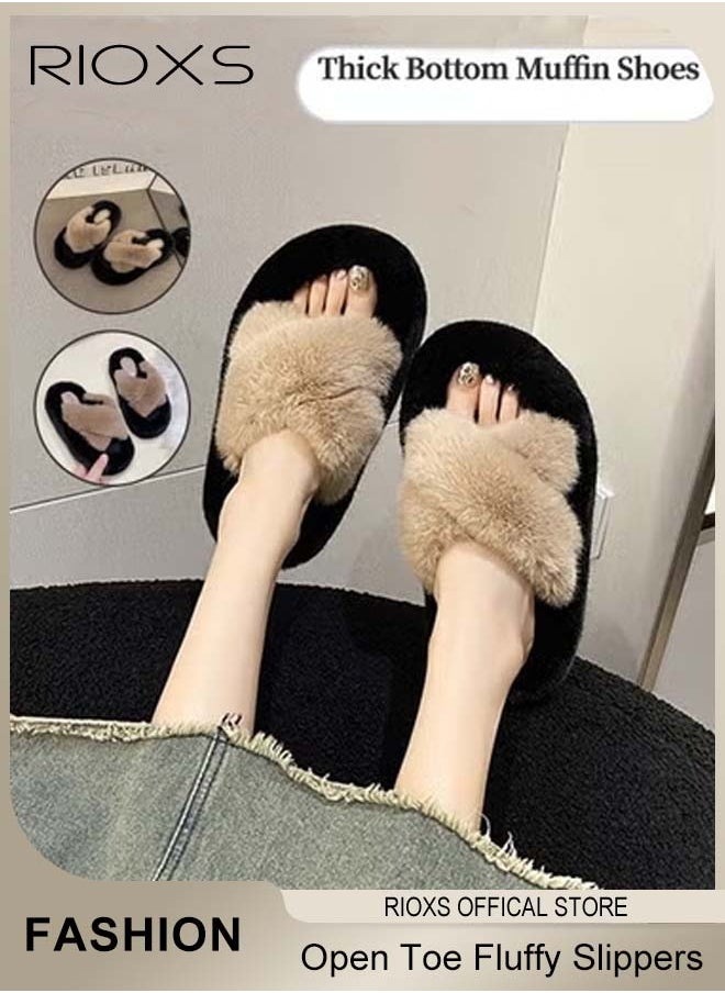 RIOXS Women's Fluffy Slippers, Stylish Cross Band Fluffy Slippers For Women, Soft Cozy Open-toe House Slippers, Furry Warm Comfy Slip-ons For Indoor Outdoor Wear, Anti-Slide Slippers  - Image 3