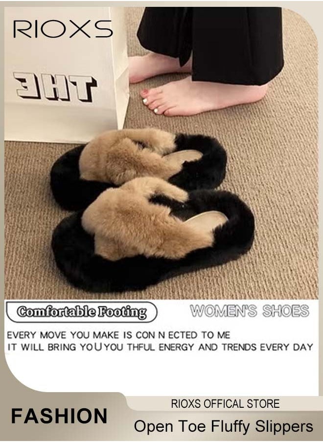 RIOXS Women's Fluffy Slippers, Stylish Cross Band Fluffy Slippers For Women, Soft Cozy Open-toe House Slippers, Furry Warm Comfy Slip-ons For Indoor Outdoor Wear, Anti-Slide Slippers  - Image 5