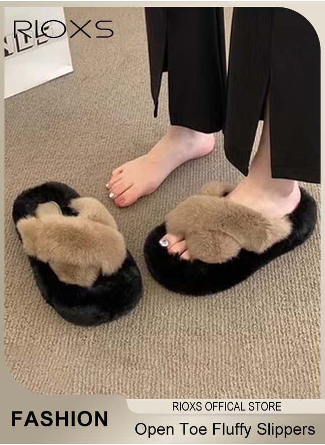 RIOXS Women's Fluffy Slippers, Stylish Cross Band Fluffy Slippers For Women, Soft Cozy Open-toe House Slippers, Furry Warm Comfy Slip-ons For Indoor Outdoor Wear, Anti-Slide Slippers  - Image 4