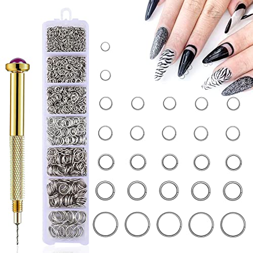 DANNEASY 1070pcs Nail Art Dangle Charm Piercing Tool Hand Drill Nail Piercing Charms Jump Rings Connectors Nail Accessories Jump Ring for Jewelry Craft Making Nail Art Supplies(Silver) - Image 1