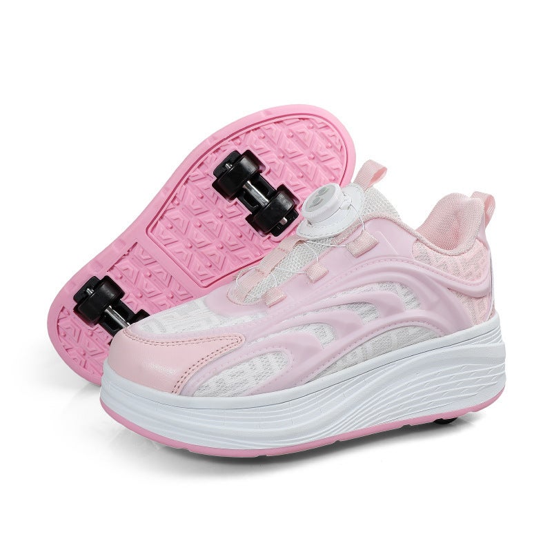 Childrens walking shoes four-wheel skating shoes retractable double-row skating shoes boys and girls students sneaker with wheels Pink