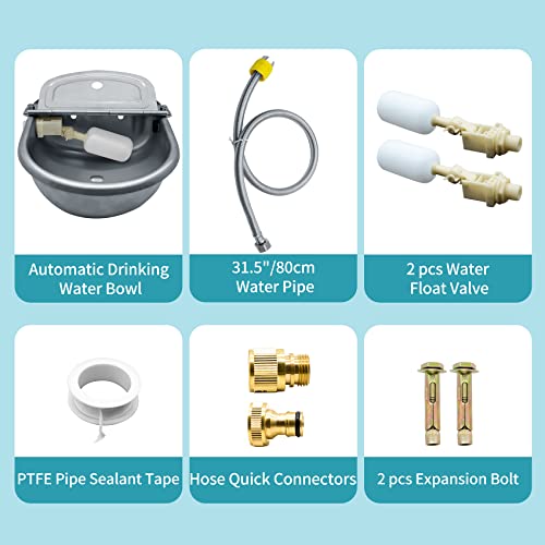 COMVIEE Automatic Animal Drinking Water Bowl, 304 Stainless Steel Waterer for Dog Horse Goat Pig Cow, Livestock Water Trough Dispenser with Pipe Hose, 2 Float Valves, Quick Connecter, Expansion Bolt - Image 2