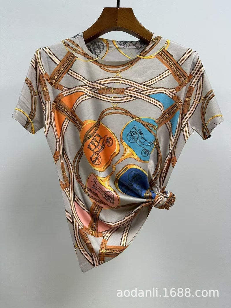 New Summer Dress All-Body Printed Baby Cotton Style Pattern Casual All-Match Elegant Loose Round Neck Short-Sleeved T-Shirt - Image 4
