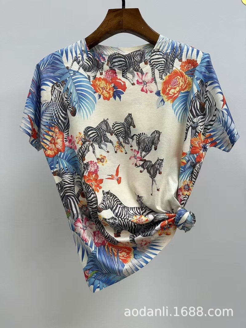 New Summer Dress All-Body Printed Baby Cotton Style Pattern Casual All-Match Elegant Loose Round Neck Short-Sleeved T-Shirt - Image 2