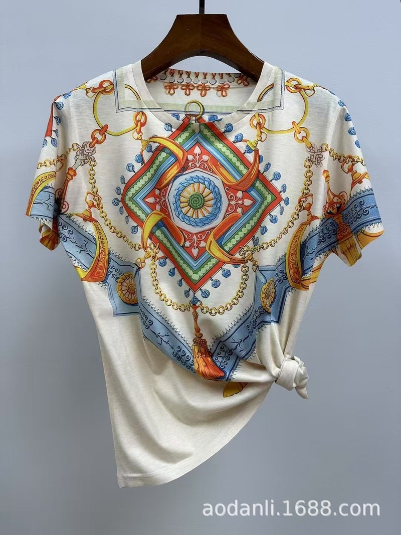 New Summer Dress All-Body Printed Baby Cotton Style Pattern Casual All-Match Elegant Loose Round Neck Short-Sleeved T-Shirt - Image 3