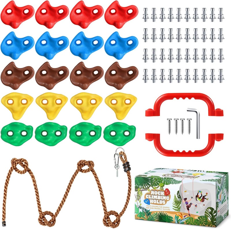 TOPNEW 20 PCS Rock Climbing Holds for Kids, Rock Wall Holds with 6.56 Ft Climbing Rope and 2 Handles, Rock Wall Climbing Kit for Indoor and Outdoor Playset - Includes Mounting Hardware - Image 1