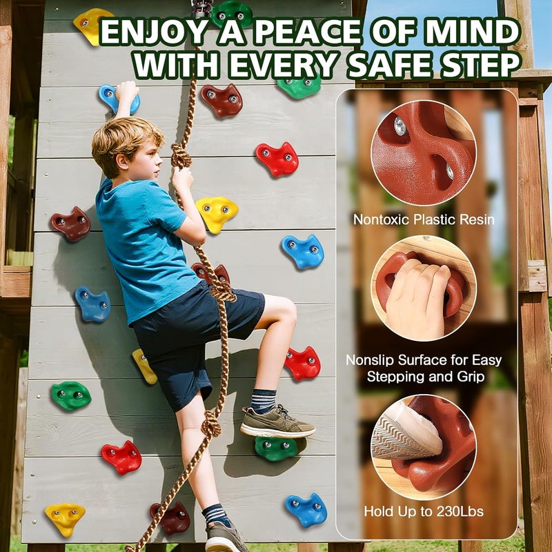 TOPNEW 20 PCS Rock Climbing Holds for Kids, Rock Wall Holds with 6.56 Ft Climbing Rope and 2 Handles, Rock Wall Climbing Kit for Indoor and Outdoor Playset - Includes Mounting Hardware - Image 2
