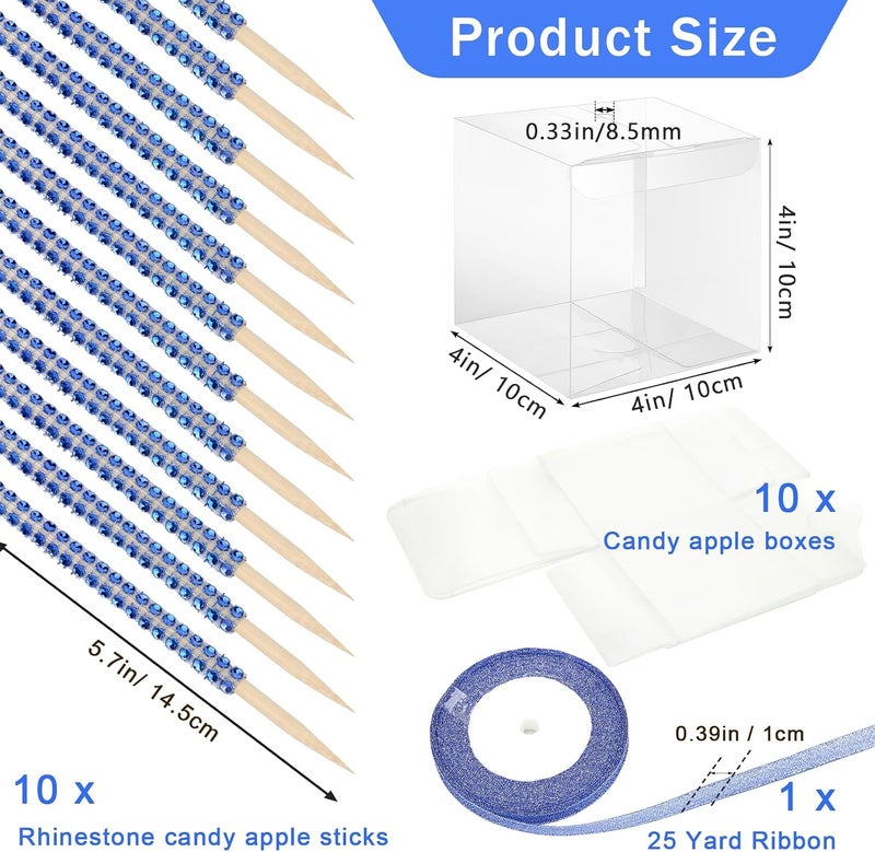 Anglekai 10+10 Candy Apple Kits, AngleKai 10Pcs Bling Candy Apple Sticks/ 10Pcs Candy Apple Boxes/ 25 Yard Ribbon, Rhinestone Caramel Apple Sticks Clear Candy Apple Boxes with Hole(Royal Blue) - Image 2