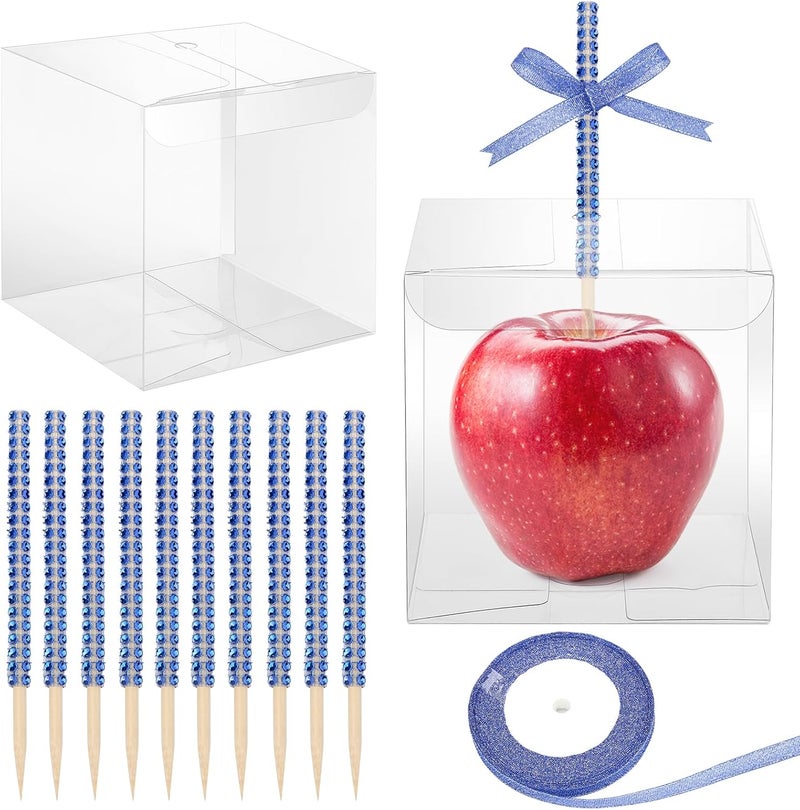 Anglekai 10+10 Candy Apple Kits, AngleKai 10Pcs Bling Candy Apple Sticks/ 10Pcs Candy Apple Boxes/ 25 Yard Ribbon, Rhinestone Caramel Apple Sticks Clear Candy Apple Boxes with Hole(Royal Blue) - Image 1