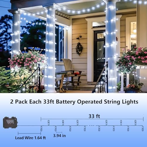 YEGUO String Lights Battery Operated 2 Pack Each 33ft 100 LED White Christmas Lights Outdoor Waterproof 8 Modes Green Wire Fairy Light Indoor with Remote - Image 3