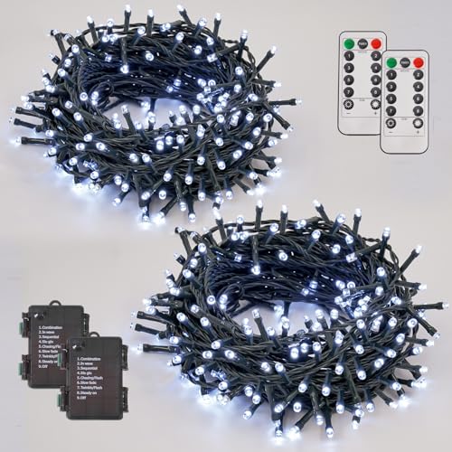 YEGUO String Lights Battery Operated 2 Pack Each 33ft 100 LED White Christmas Lights Outdoor Waterproof 8 Modes Green Wire Fairy Light Indoor with Remote - Image 1