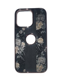 Leather back case with a floral brown Poloka effect, embroidery stitching, golden frame and raised edges
