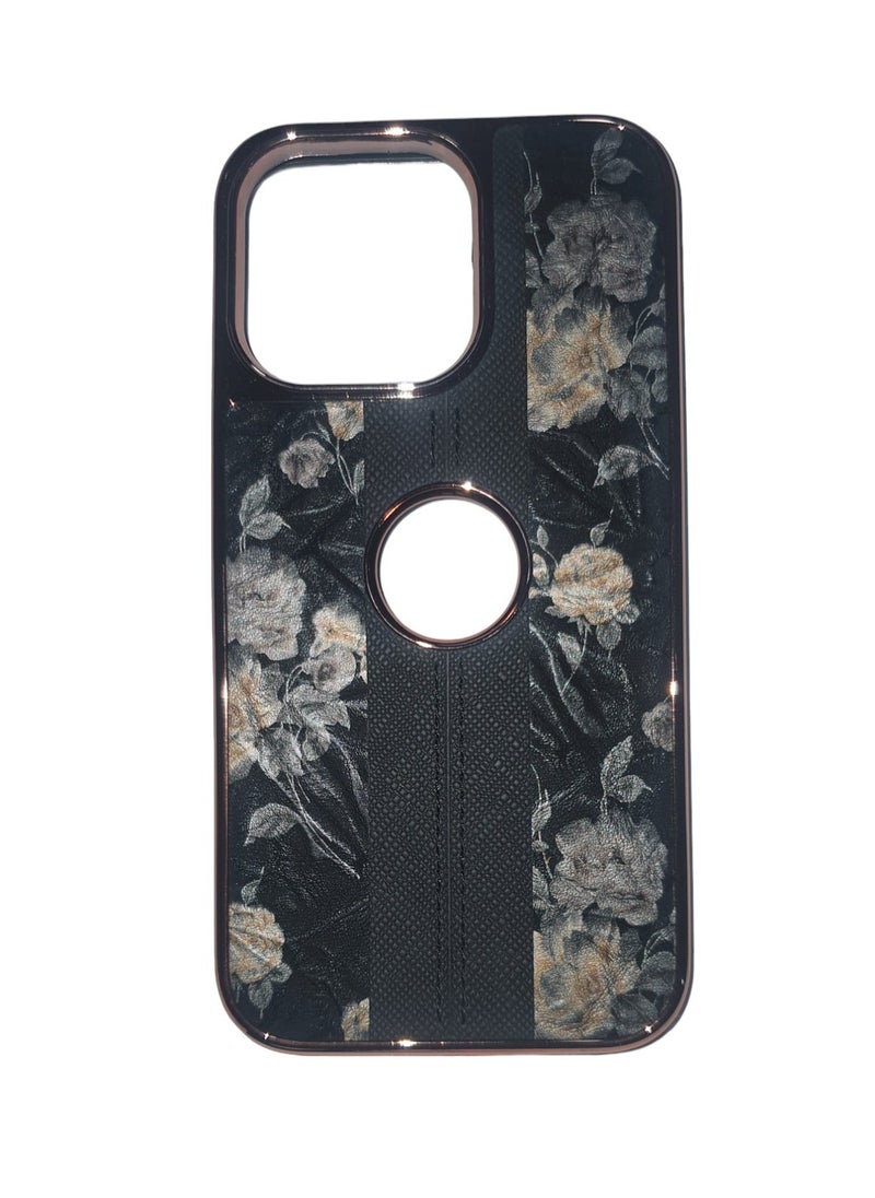 PULOKA - Leather back case with a floral brown Poloka effect, embroidery stitching, golden frame and raised edges - Image 1