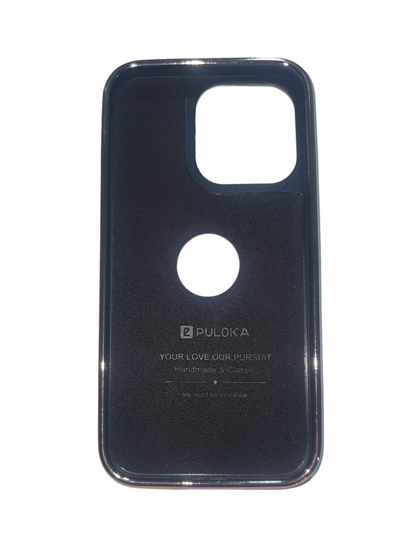 PULOKA - Leather back case with a floral brown Poloka effect, embroidery stitching, golden frame and raised edges - Image 1