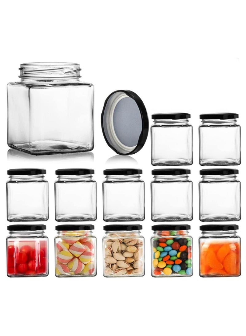 فوفو جرة مربعة بغطاء معدني أسود محكم الغلق (8 أونصة/200 مل)، جرة زجاجية شفافة محكمة الغلق، تستخدم كحلوى، حبوب القهوة، التوابل، العسل، المربى، الهلام، إجمالي 12 برطمانًا - Image 1