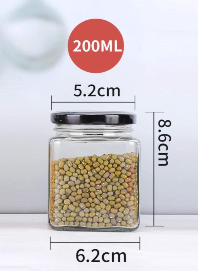 فوفو جرة مربعة بغطاء معدني أسود محكم الغلق (8 أونصة/200 مل)، جرة زجاجية شفافة محكمة الغلق، تستخدم كحلوى، حبوب القهوة، التوابل، العسل، المربى، الهلام، إجمالي 12 برطمانًا - Image 2