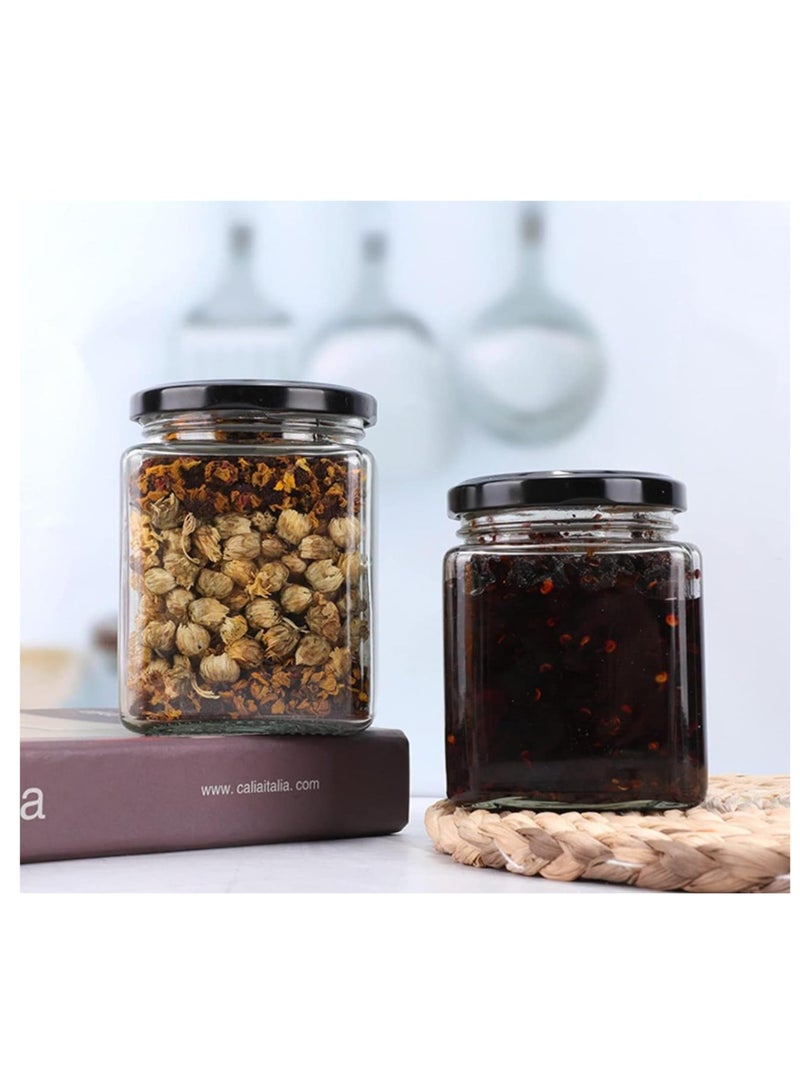 فوفو جرة مربعة بغطاء معدني أسود محكم الغلق (8 أونصة/200 مل)، جرة زجاجية شفافة محكمة الغلق، تستخدم كحلوى، حبوب القهوة، التوابل، العسل، المربى، الهلام، إجمالي 12 برطمانًا - Image 4