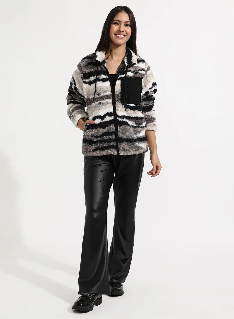Campus Sutra Women's Black & Grey Camouflage Sherpa Zip-Front Jacket