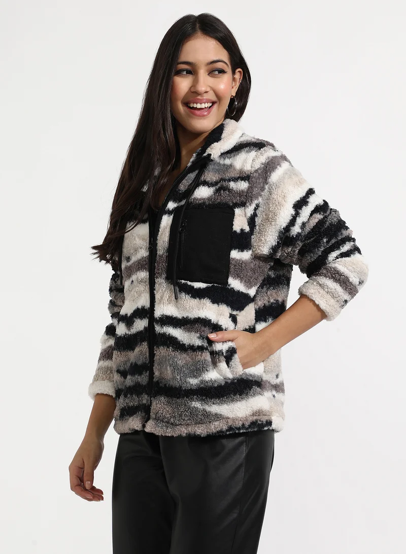 Campus Sutra Women's Black & Grey Camouflage Sherpa Zip-Front Jacket