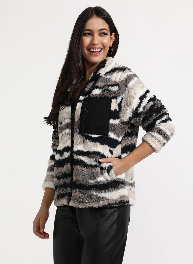 Campus Sutra Women's Black & Grey Camouflage Sherpa Zip-Front Jacket - Image 3