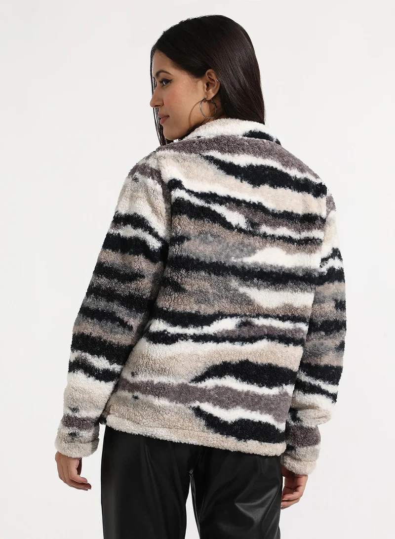 Campus Sutra Women's Black & Grey Camouflage Sherpa Zip-Front Jacket