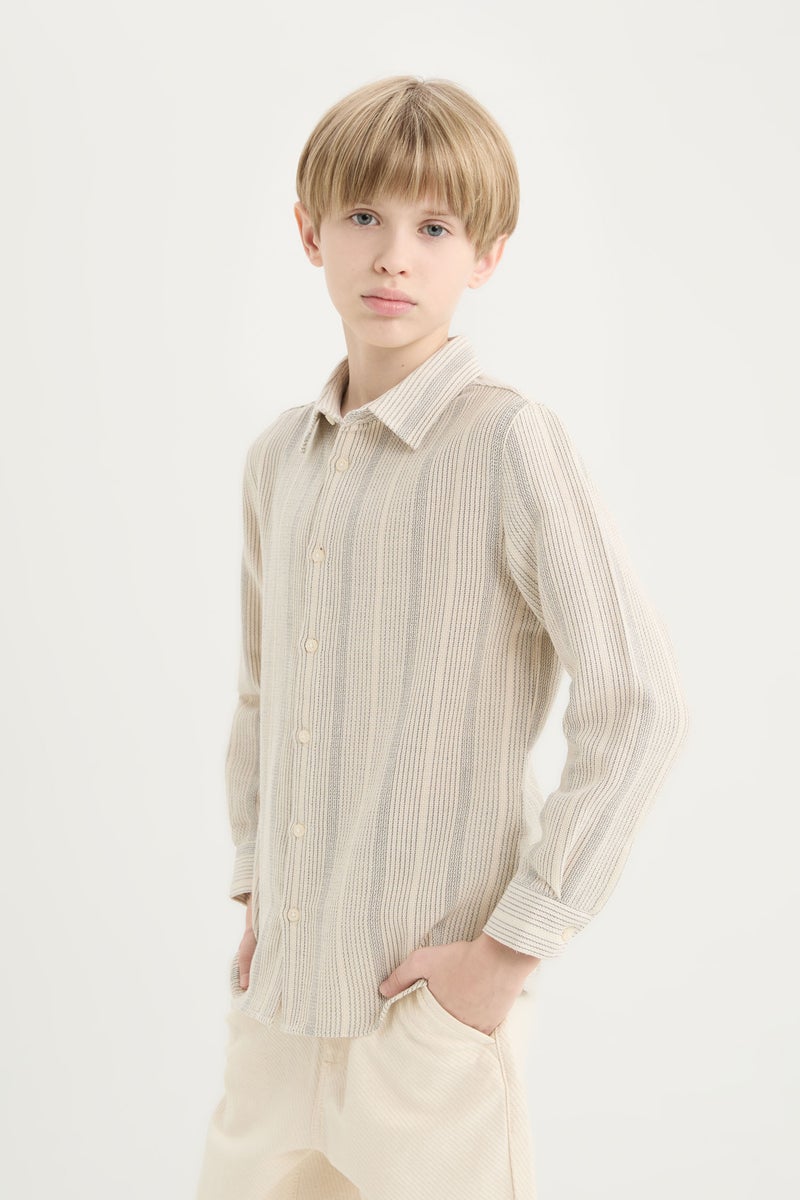 DeFacto Beige Boy Regular Fit Polo Collar Striped Shirt Casual - Image 1